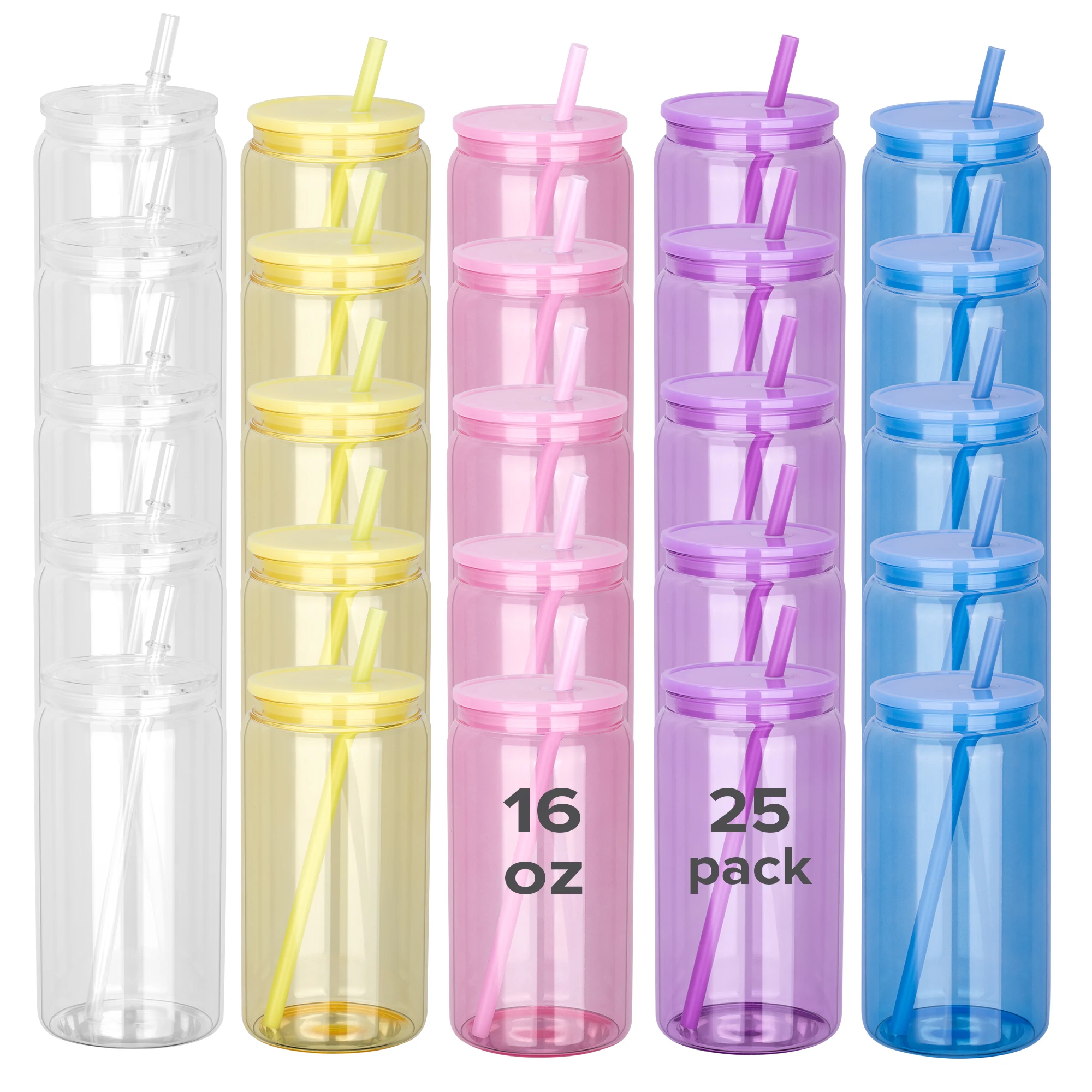 25 Pack Colorful Clear Sublimation Glass Cups Blanks,16 OZ Borosilicate Can Glass Tumblers ,For Tumbler Press Machine