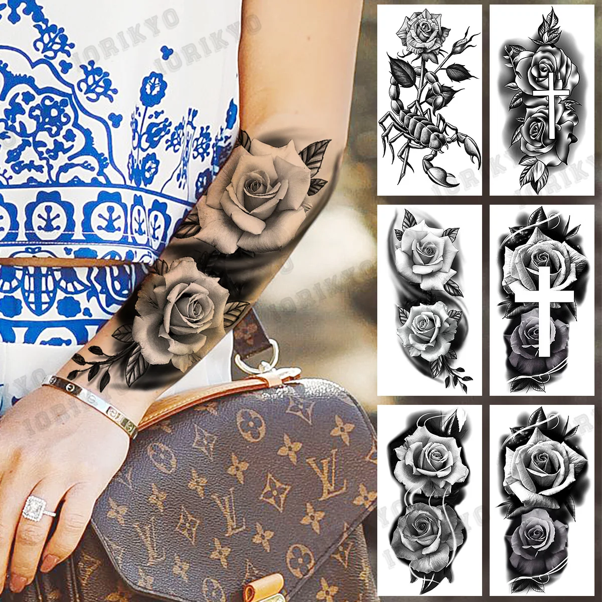 Black Rose Flower Arm Temporary Tattoos For Women Adult Girl Cross Scorpion Fake Tattoo Realistic Body Art Painting Tatoos Paper