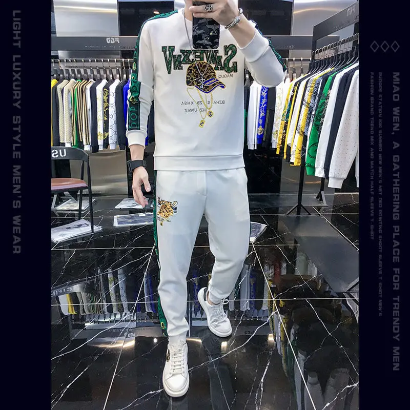 Autumn and winter fashion men\'s clothing embroidery sewing crew neck stitching hoodie pants suit trend simple casual sportswear