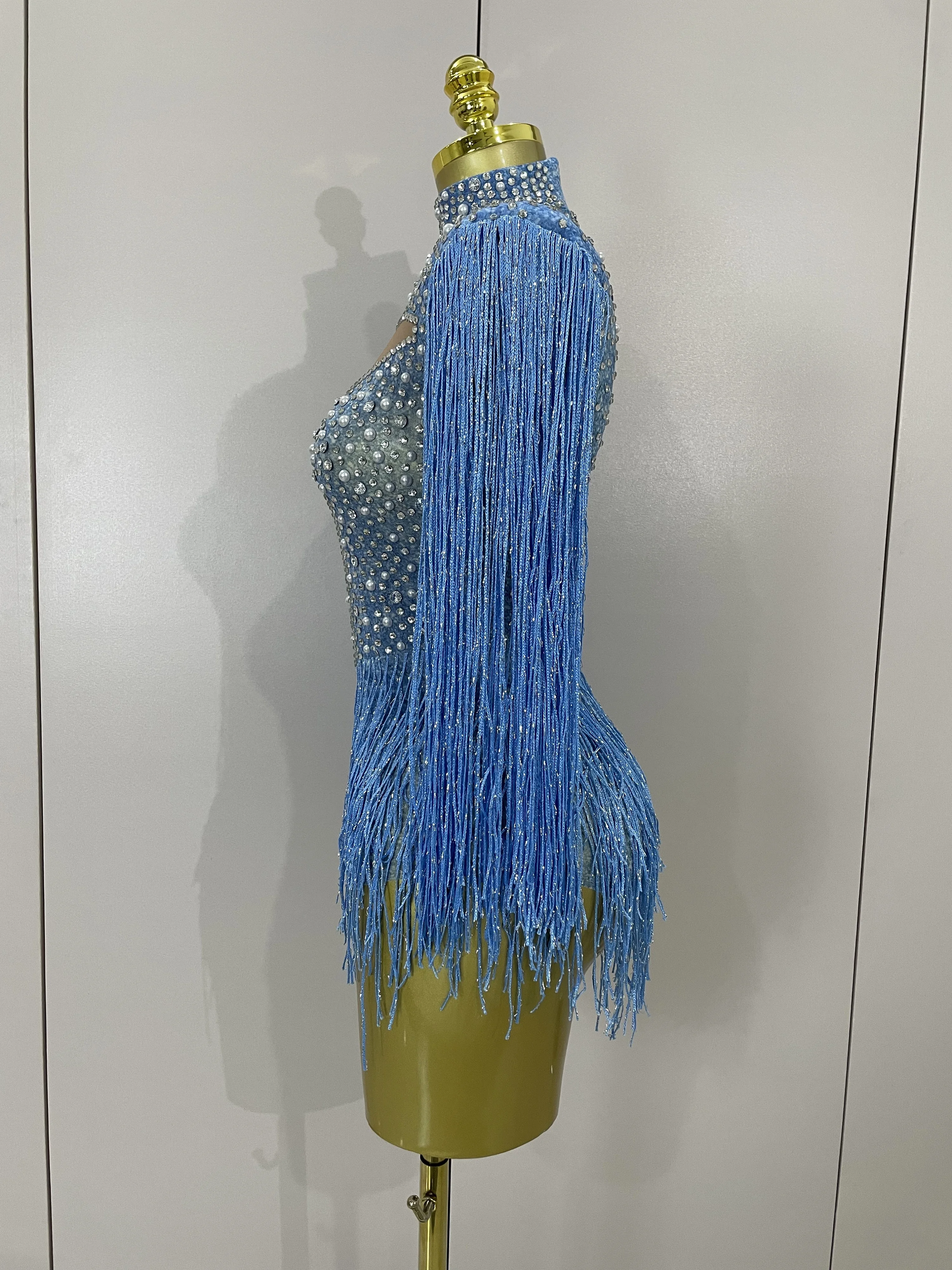Luxury Sparkly Rhinestone Tassel Mesh Strech Bodysuit Evening Celebrate Birthday Party Nightclub Dance Performance Stage Costume
