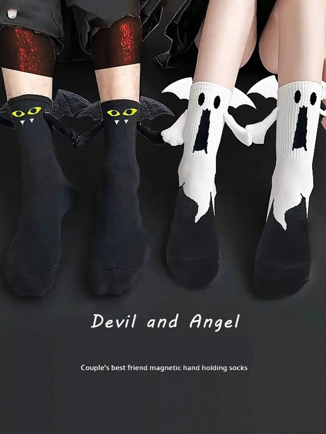 2/1 Pairs Unisex Socks Mid-Calf Magnetic Hand-Holding Black White Angel Wings For Halloween Christmas Gatherings Ideal Gifts