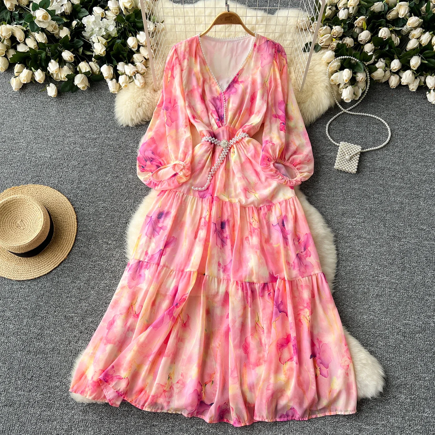 French Style Elegant Women Dress Lantern Sleeve Slim Waist V-neck Ruffles Print Robe 2025 Autumn Vintage Chic Vestidos Mujer