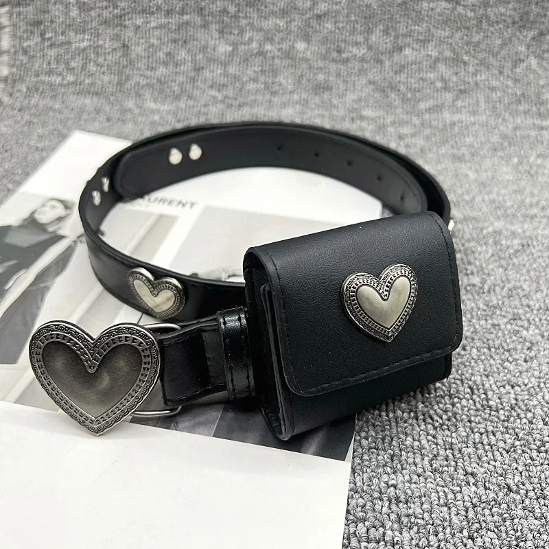  Retro love buckle  PU Leather Belt Retro Heart Design Black Small Square Waist Bag suitable for daily commuting Western Cowboy