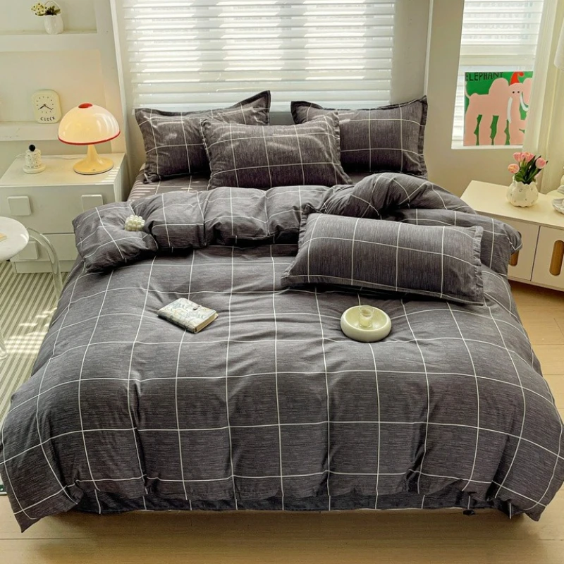 2026 Neuer Bettbezug aus gewaschener Baumwolle, Aloe Vera-Baumwolle, hautfreundlicher, atmungsaktiver, bedruckter, karierter Bettbezug ohne Kissenbezug