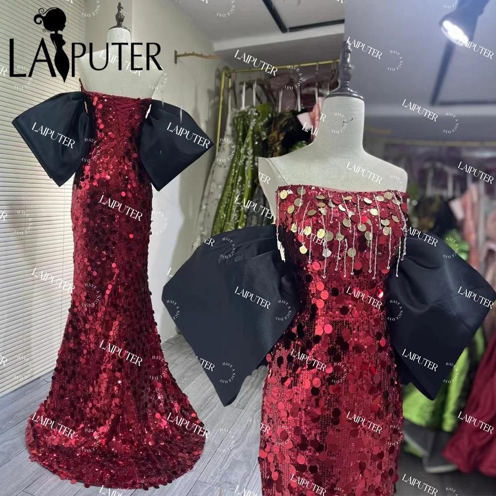 LAIPUTER Sample Dress on Sale Promotion Good Price US6 Big Sequin Red Mermaid Evening Dresses Black Side SleevesProm Gowns Party