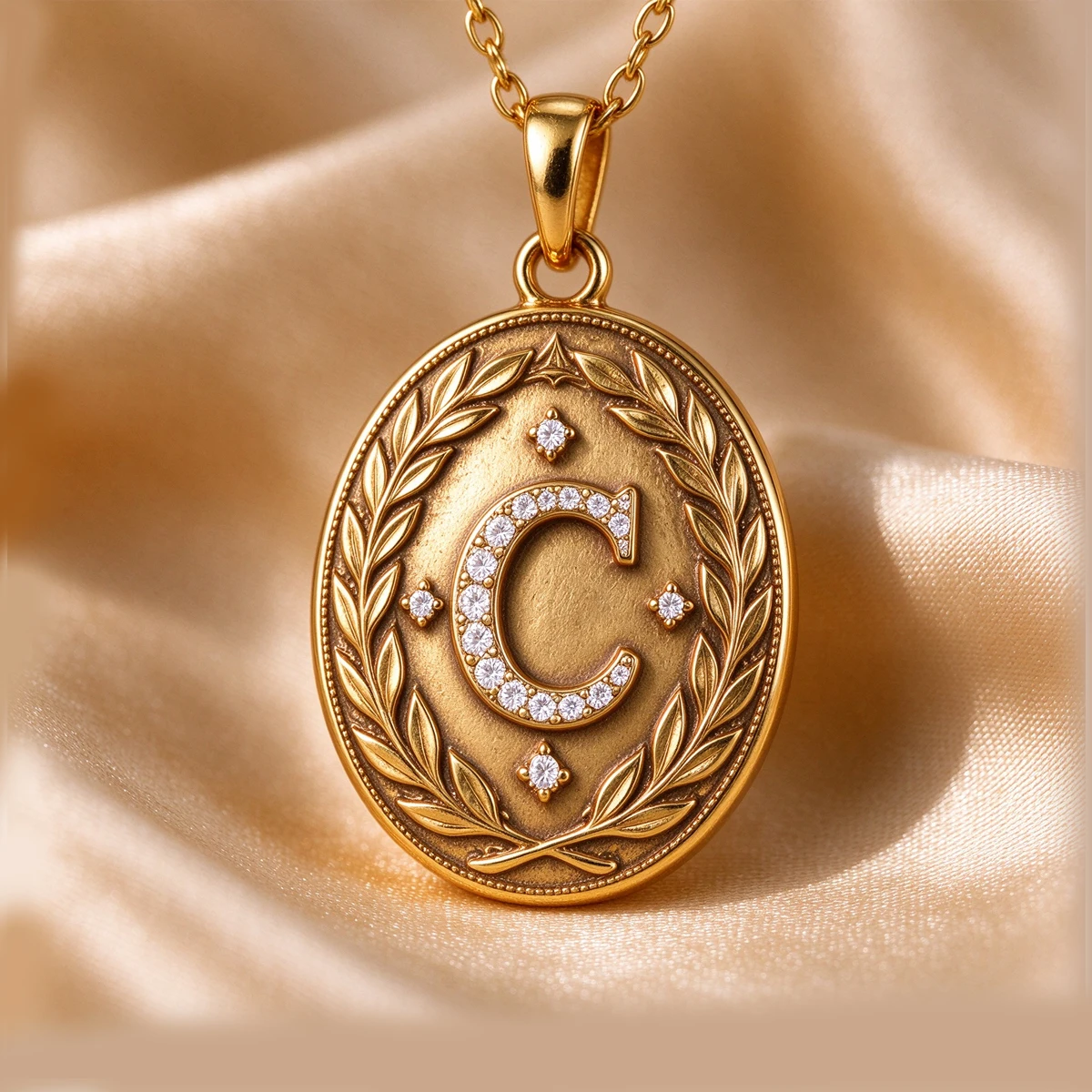 Vintage Oval Laurel Initial Letter Necklace For Women Gold Cubic Zirconia Pendant Personalized Monogram Birthday Christmas Gift