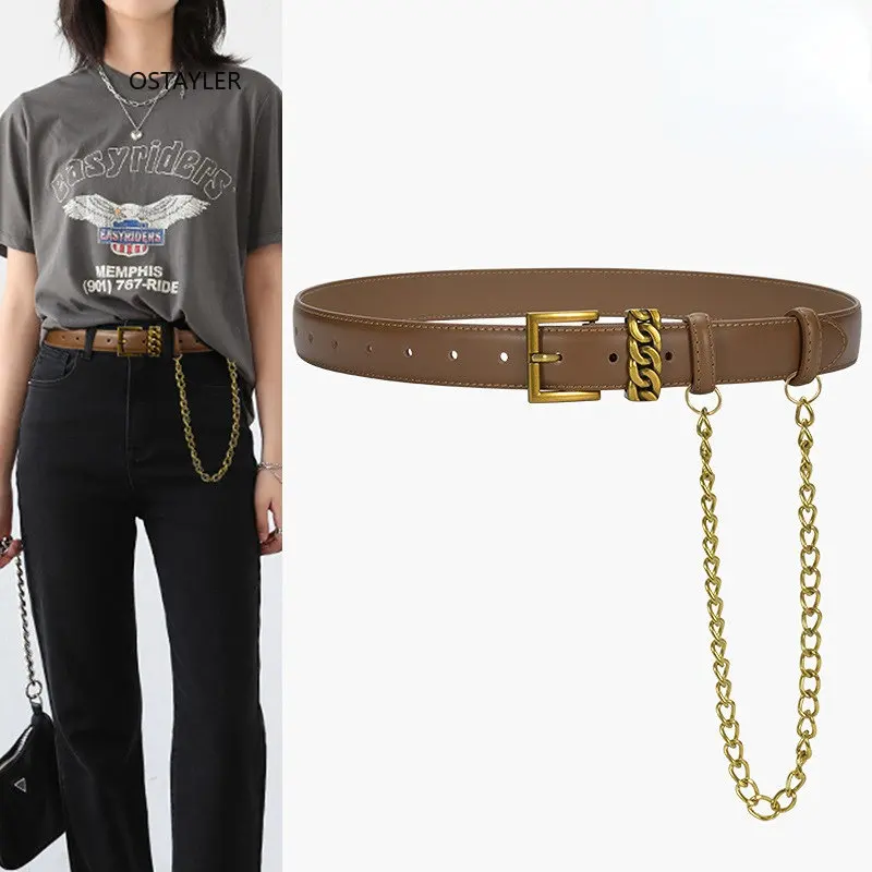 

2023 European Design Metal Chain Punk Waist Belt for Women 2.8CM Jeans Strap Belt Genuine Cow Leather HipHop Shirt Belt Ceinture
