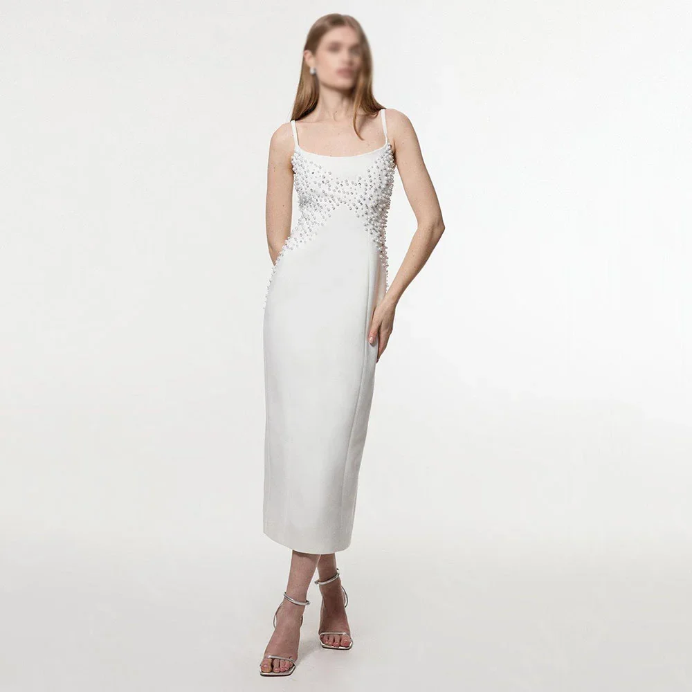 

Elegant White Evening Dresses Formal Party Prom Gowns Backless Tea-Length Beading Evening Prom Dresses Customized