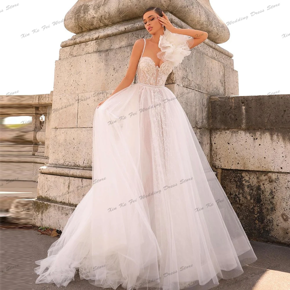 Vestidos de novia elegantes para mujer, ropa Sexy con hombros descubiertos, Apliques de encaje brillantes, vestidos de novia de princesa, bata Formal para fiesta en la playa, 2024