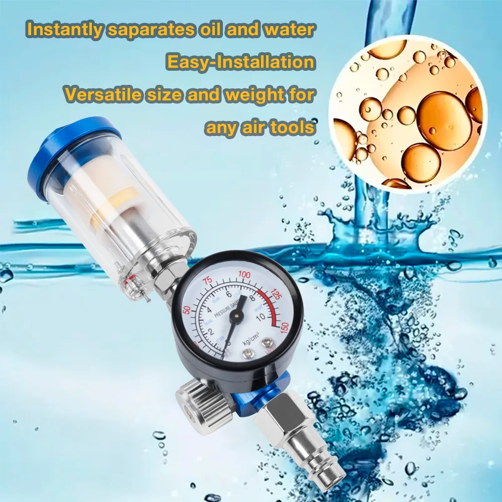 G1/4 Thread Oil-Water Separator Filter Separator Spray Gun Air Regulator Pressure Gauge with EU Adapter for Spray Gun Air Tool