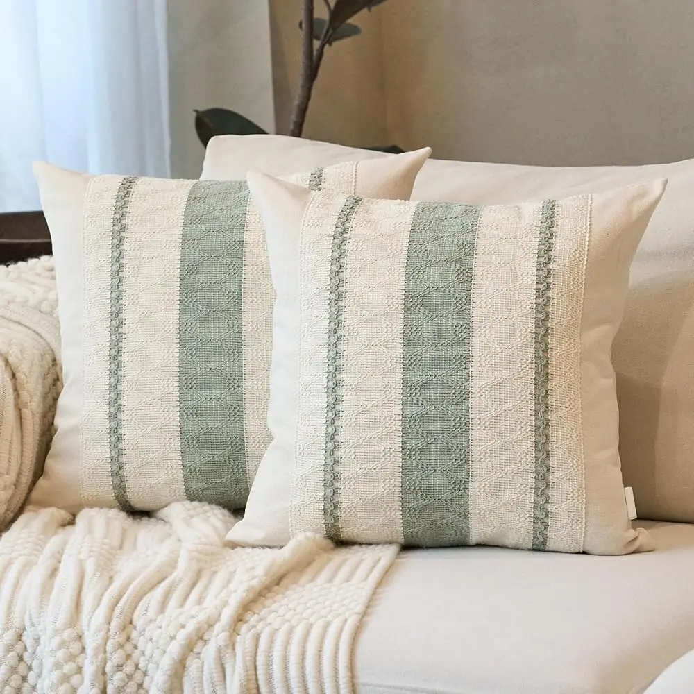 

Set Of 2 Sage Green Decorative Throw Pillow Covers 18X18 H For Couch Bed Living Room Office, Aesthetic Modern Organic Farmhouse