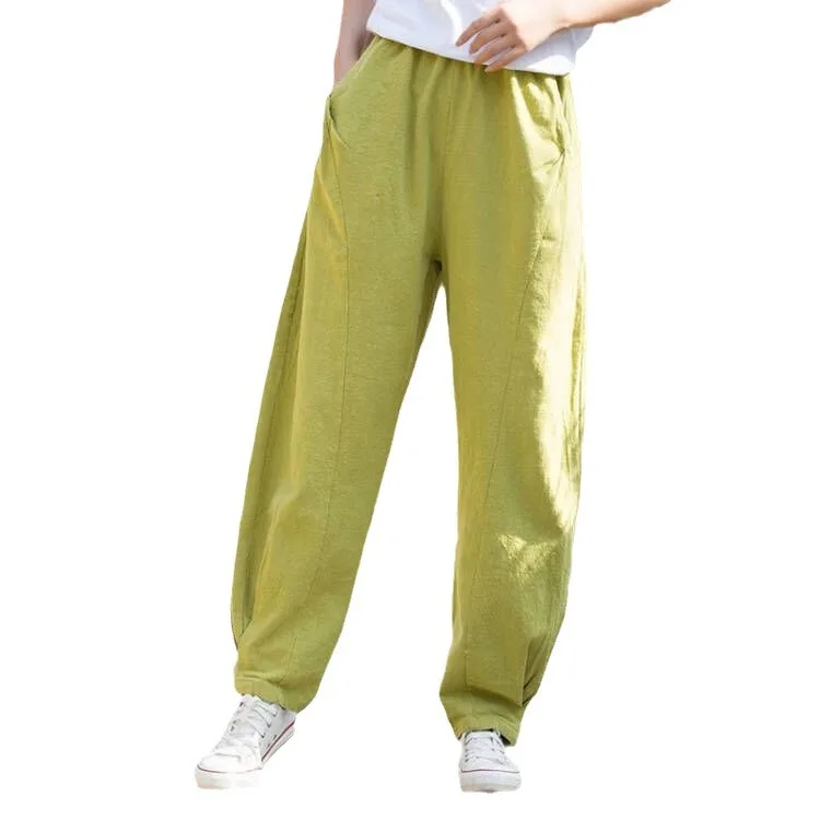 

Winter women's fleece-lined ramie harem pants. Stone-washed, spliced design, vintage style, slimming and versatile.
