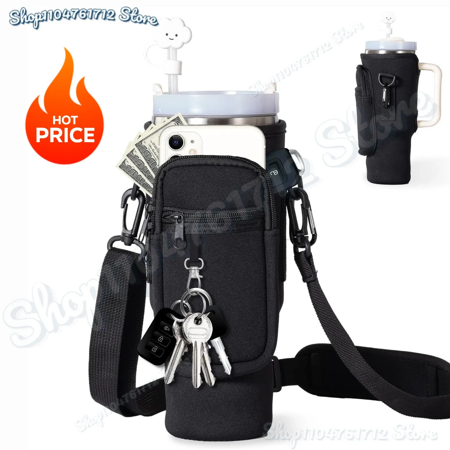 

40oz Neoprene Water Bottle Carrier Bag For Stanley Quencher Cup Sleeve with Adjustable Shoulder Strap Water Bottle Holder Pouch