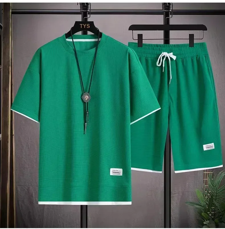 تي شيرت رجالي بأكمام قصيرة من الوافل ، طقم من قطعتين ، رقبة مستديرة ، رياضة وترفيه ، النسخة الكورية ، الموضة العصرية ، الصيف ، جديد ، #5