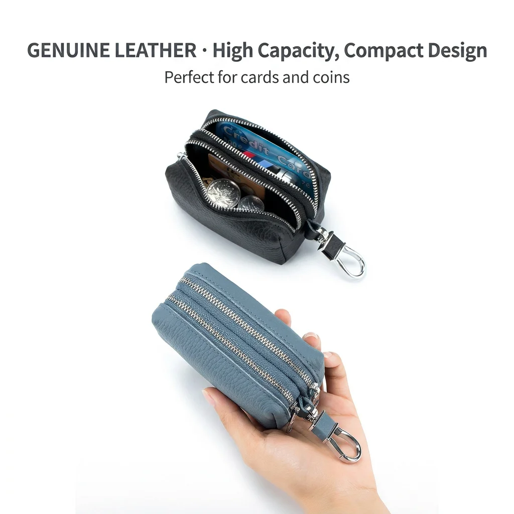 

Double Zipper Key Holder Genuine Portable Key Wallet Large Capacity Key Wallet Portable For Shopping Daily Use Leisure Travel