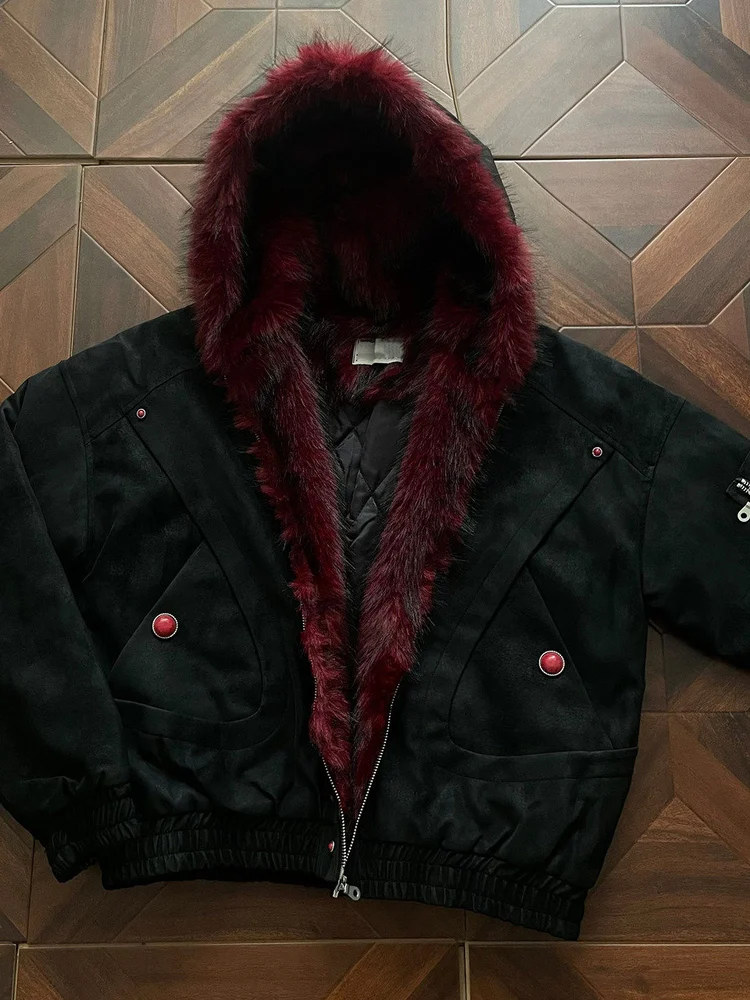 

Куртка Ele Red Ruby с меховым воротником из искусственной кожи, с капюшоном, хлопковая, в американском ретро-стиле, с дизайном Mountain Eagle, теплая, повседневная, короткая