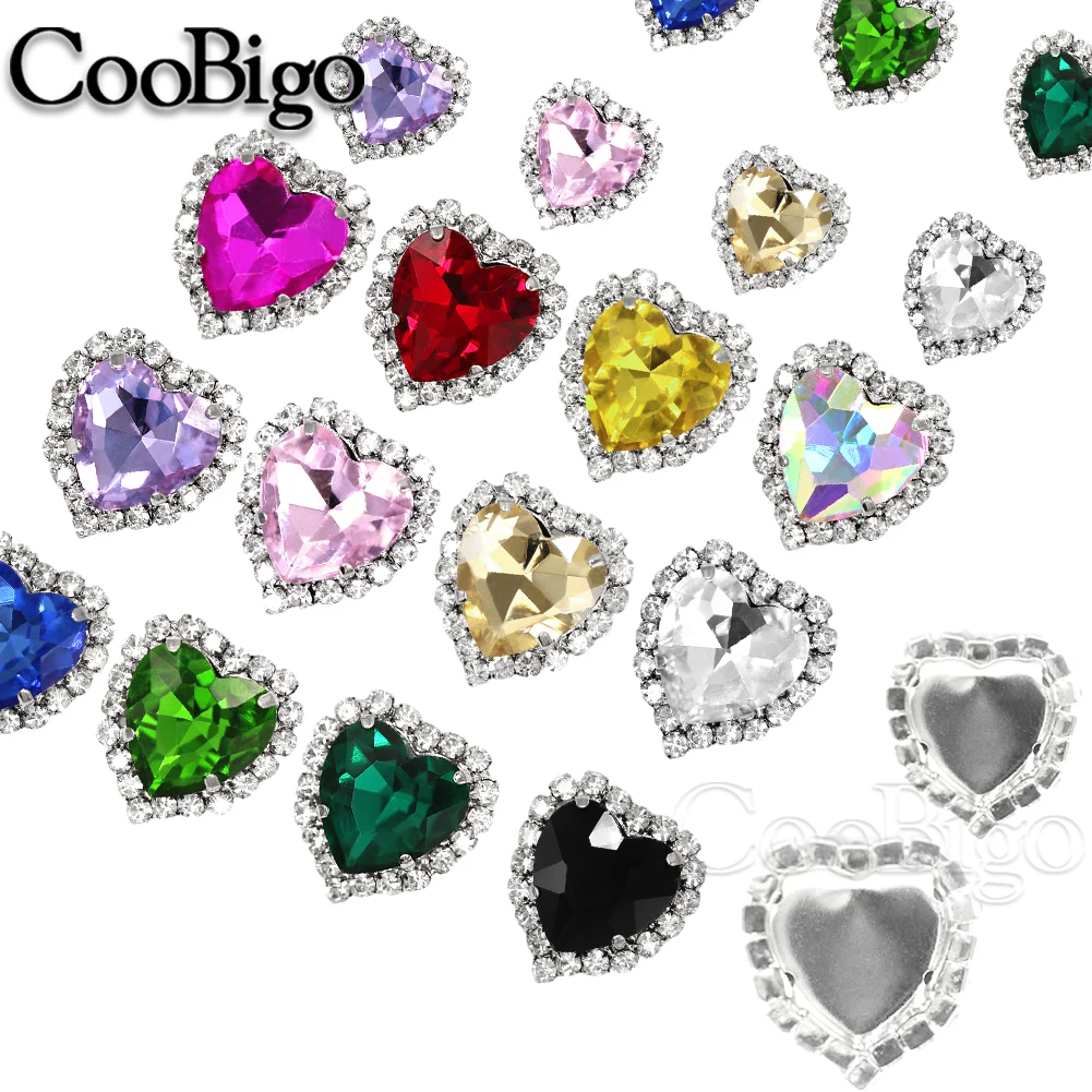 Jelly Candy AB Colors Glass Crystal Heart Shape with Rhinestone Chain In Silver Metal Claw Settings Sew on Diy Trim