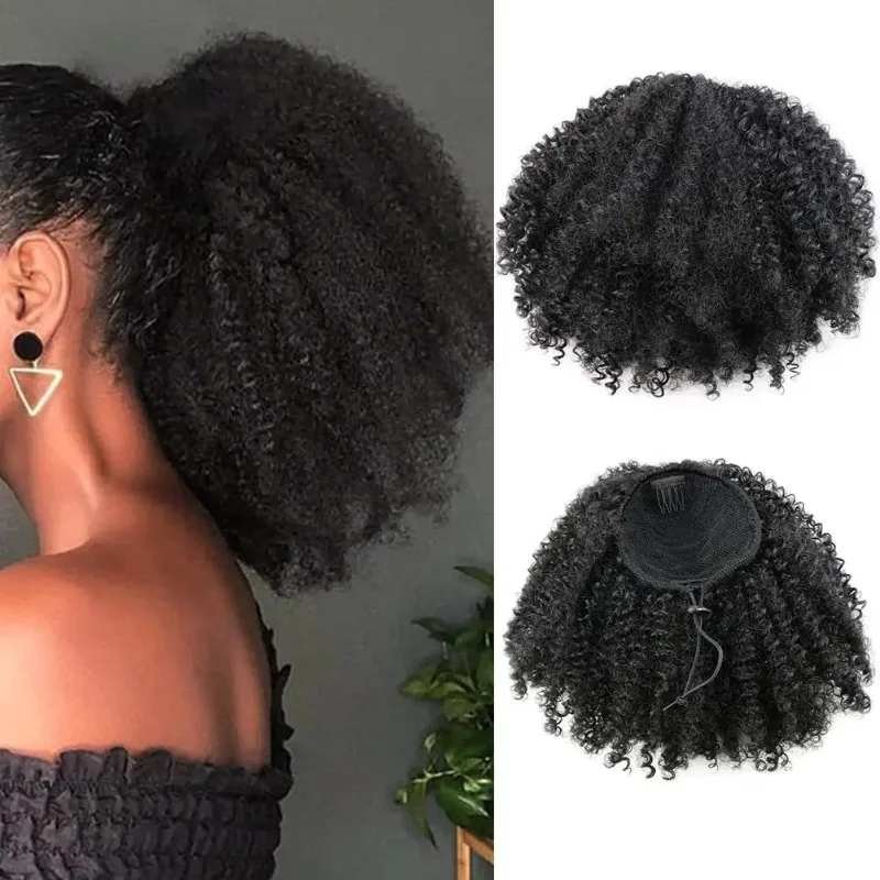 10-calowe krótkie perwersyjne kręcone syntetyczne Afro Puff kręcone Chignon sznurkiem włosy w koński ogon przedłużanie włosów dla kobiet