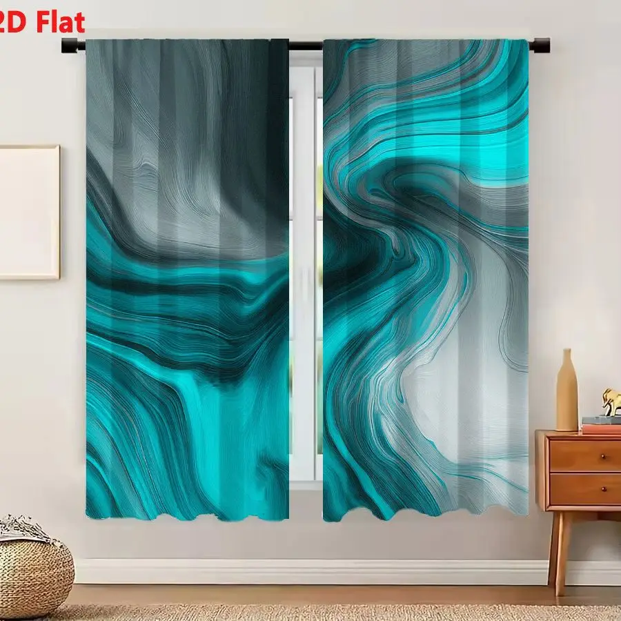 2Pcs Curtain Modern Teal And Gray Wave Like Marbled Liquid Window Drapes for Bedroom Living Room Decoration Window Treatment.