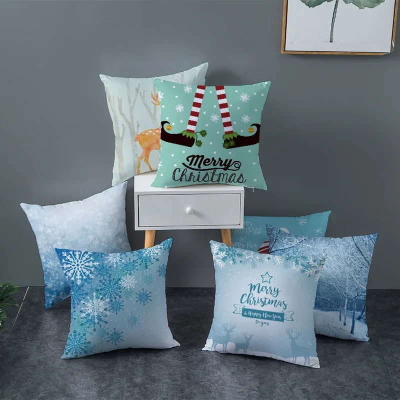 Pillow Christmas Pendant  Gift Bedroom Cushion Cover Blue Snowflake  Pillowcase Home Decor Ornaments