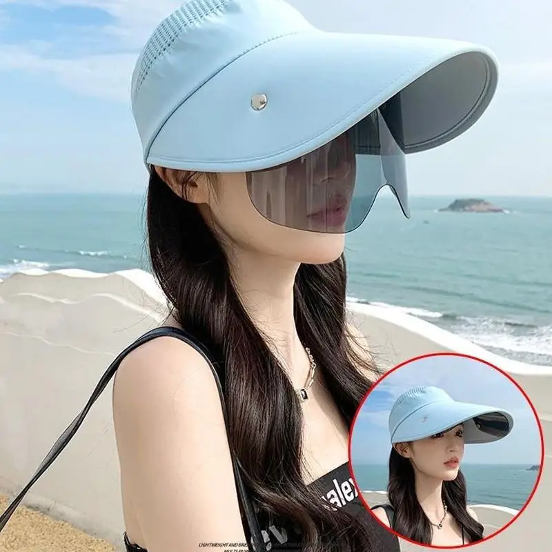 New Summer Women Sun Hat With Glasses Large Brim Bucket Hat Breathable Outdoor Cap Magic Tape Adjust Travel Beach Cap