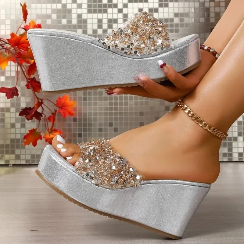 

2026 Women's High Heels Slippers Thick Bottom Casual Sequine Shoes Ladies Leisure Summer Wedges Open Toe Slides Women Slipper