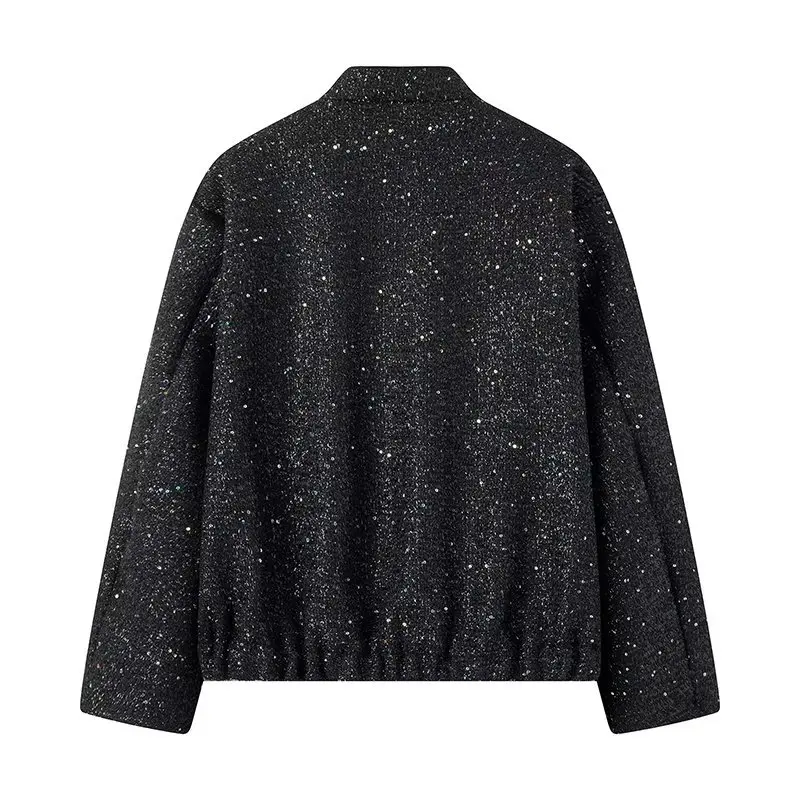 Large Size Fashionable Stand Up Collar Sequined Jacket Flight Jacket for Women