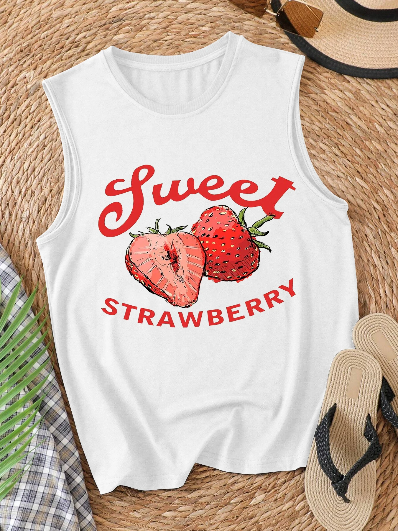

Топ с принтом клубники, повседневный топ без рукавов для лета и весны, женская одежда