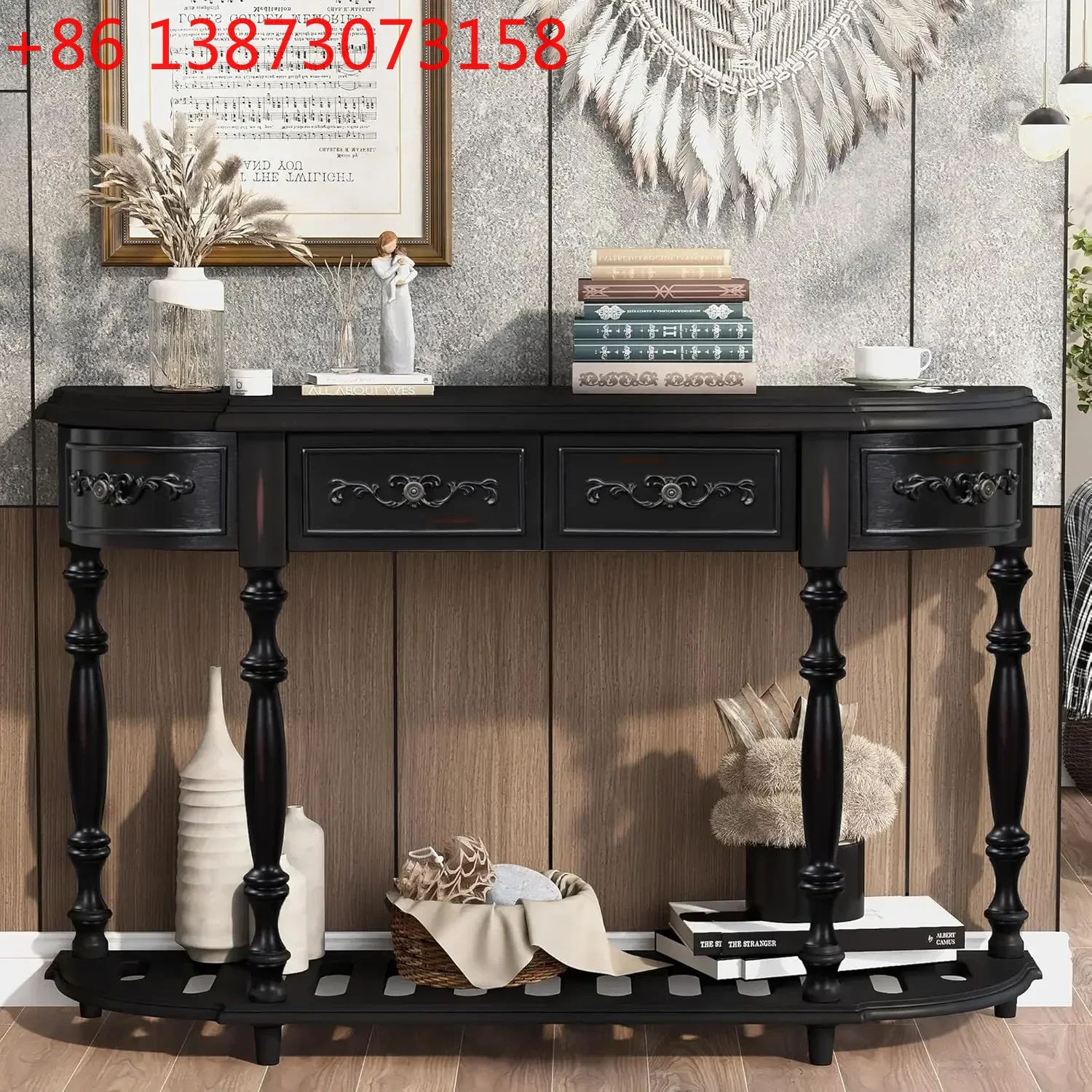 Retro Wood Curved Console Table 52-Inch Half Moon Hall Sofa Table Entryway Table with Drawers & Shelf for Living Room  FT