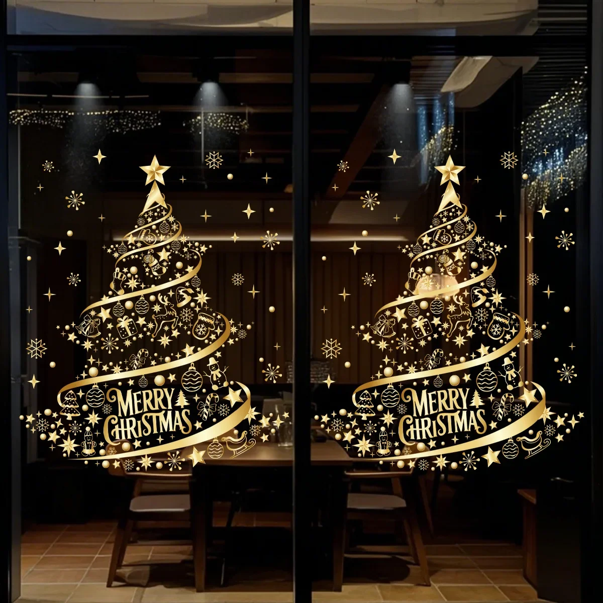 Gold PVC Double Sided Printed Static Window Christmas Sticker 1pc Family Glass Decal For Home Xmas Holiday Atmosphere Scene