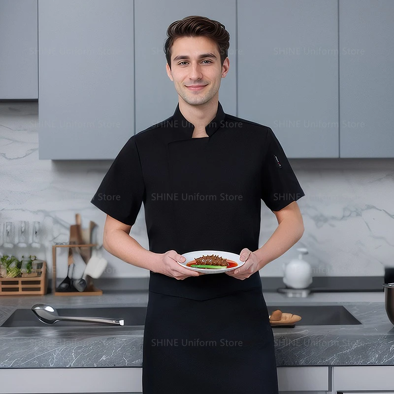 ผู้ชายแขนสั้น Chef ชุดครัวแจ็คเก็ตผ้ากันเปื้อนสีขาวเสื้อผ้าทํางานโลโก้ Chef กางเกงขาสั้นฤดูร้อน Breathable ร้านอาหาร Chef Coat