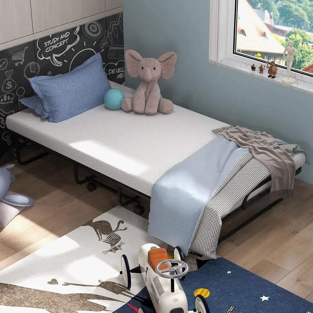 MAT EXolding Bed, Twin Size Rollaway Bed with Memory oam Mattr& Wheels, Gust Bed with Sturdy Metal e or Adults & Kids, Space Sav