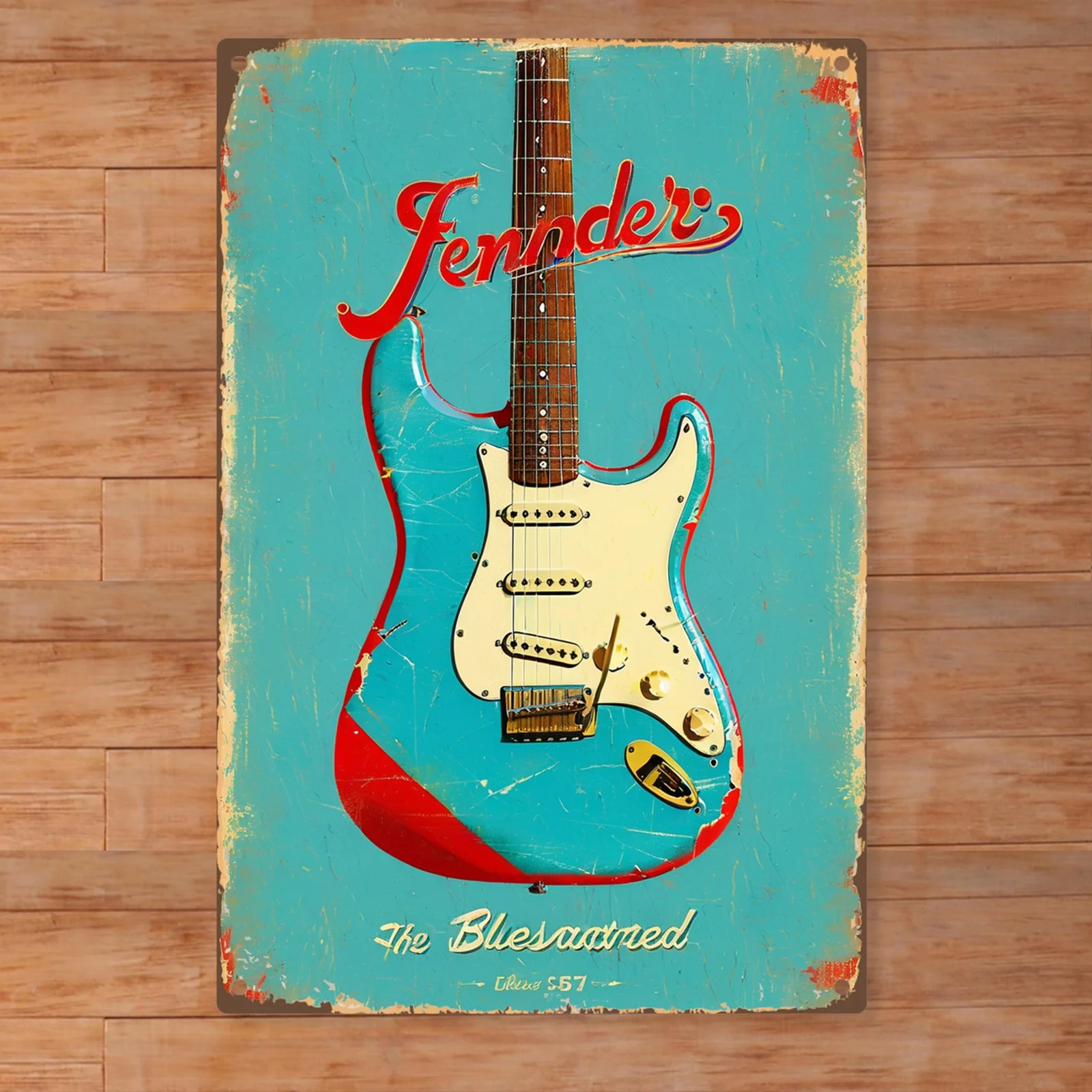 لوحة فنية جدارية معدنية للجيتار - ملصق ريترو مع تصميم "Fender" و"The Bluesastred"، ديكور منزلي متين للاستخدام الداخلي/الخارجي للموسيقى