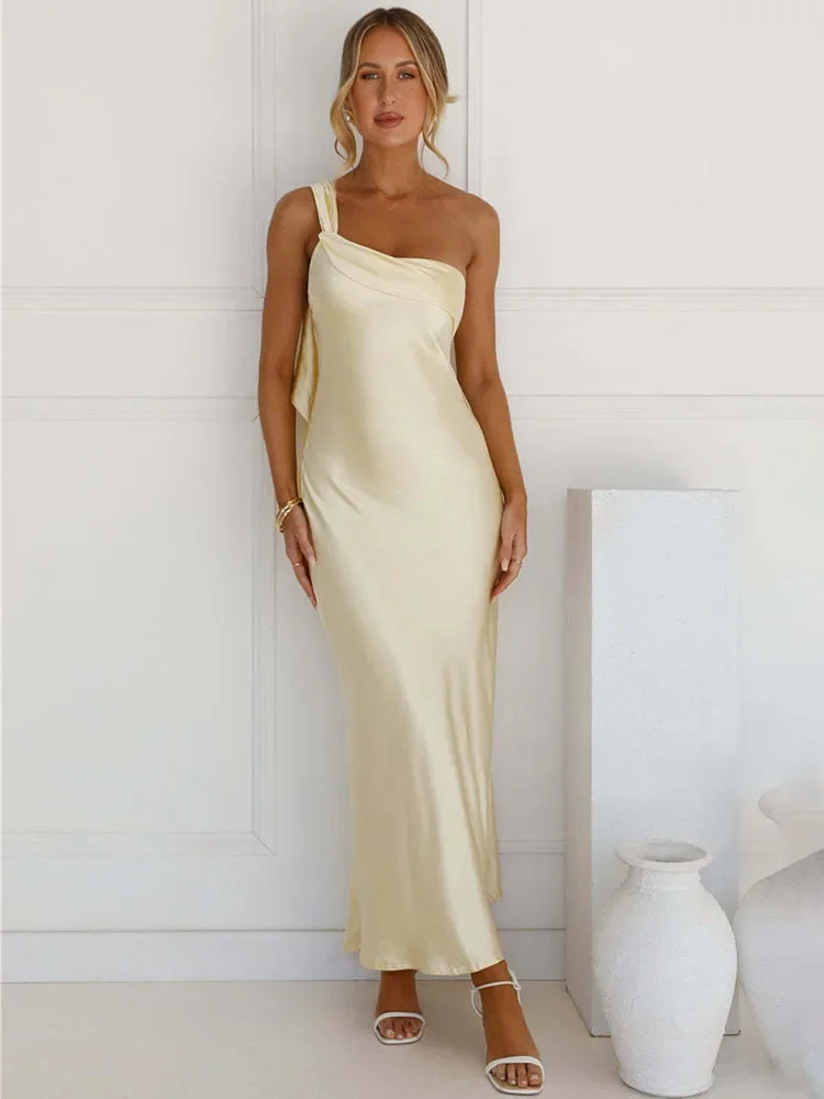 

One Shoulder Backless Sexy Maxi Dress Women Gown Satin Skew Collar Sleeveless Thigh High Split Club Party Long Dresses