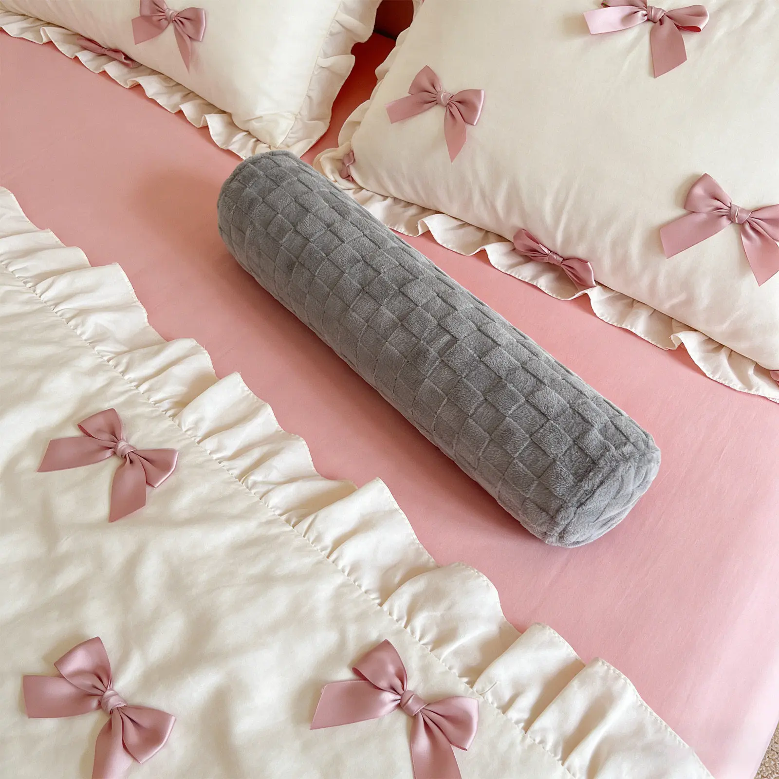 Neck Roll Pillow Cover Grey Soft Flannel Cylinder Pillowcase Round Cushion Cover Zipper for Office Bedroom Sofa Sleeping