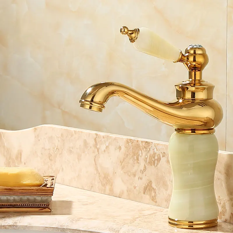 European all-copper natural jade hand wash basin hot and cold faucet gold household rotating faucet