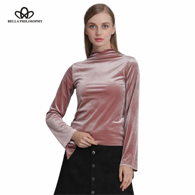 

Bella Philosophy autumn winter stand collar long sleeve velvet pullover Shirt metallic color blouse women blusas