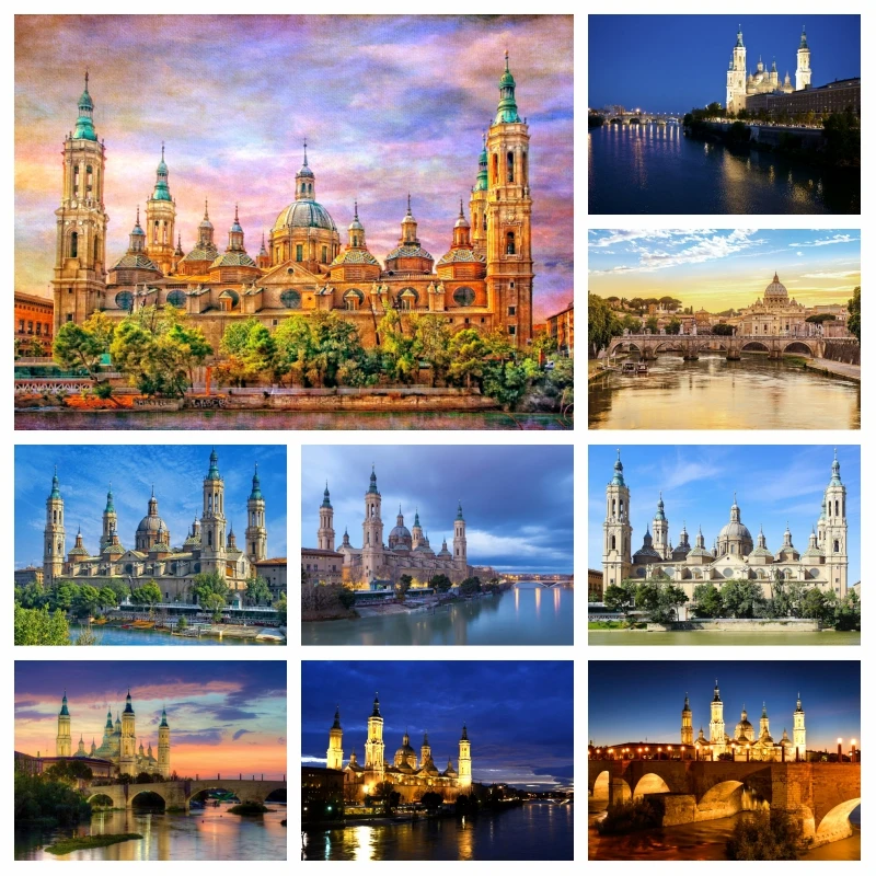 Basílica de Nuestra Señora del Pilar y puente de piedra, pintura de diamante, arte catedral, Zaragoza, paisaje de España, Kit de punto de cruz, decoración