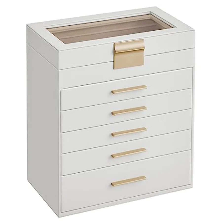 

GISELLA Collection - Jewelry Box Organizer Jewelry Storage with 5 Drawers Shiny Metal Hardware Glass Lid Modern 6.4 x 9.9 x 11.