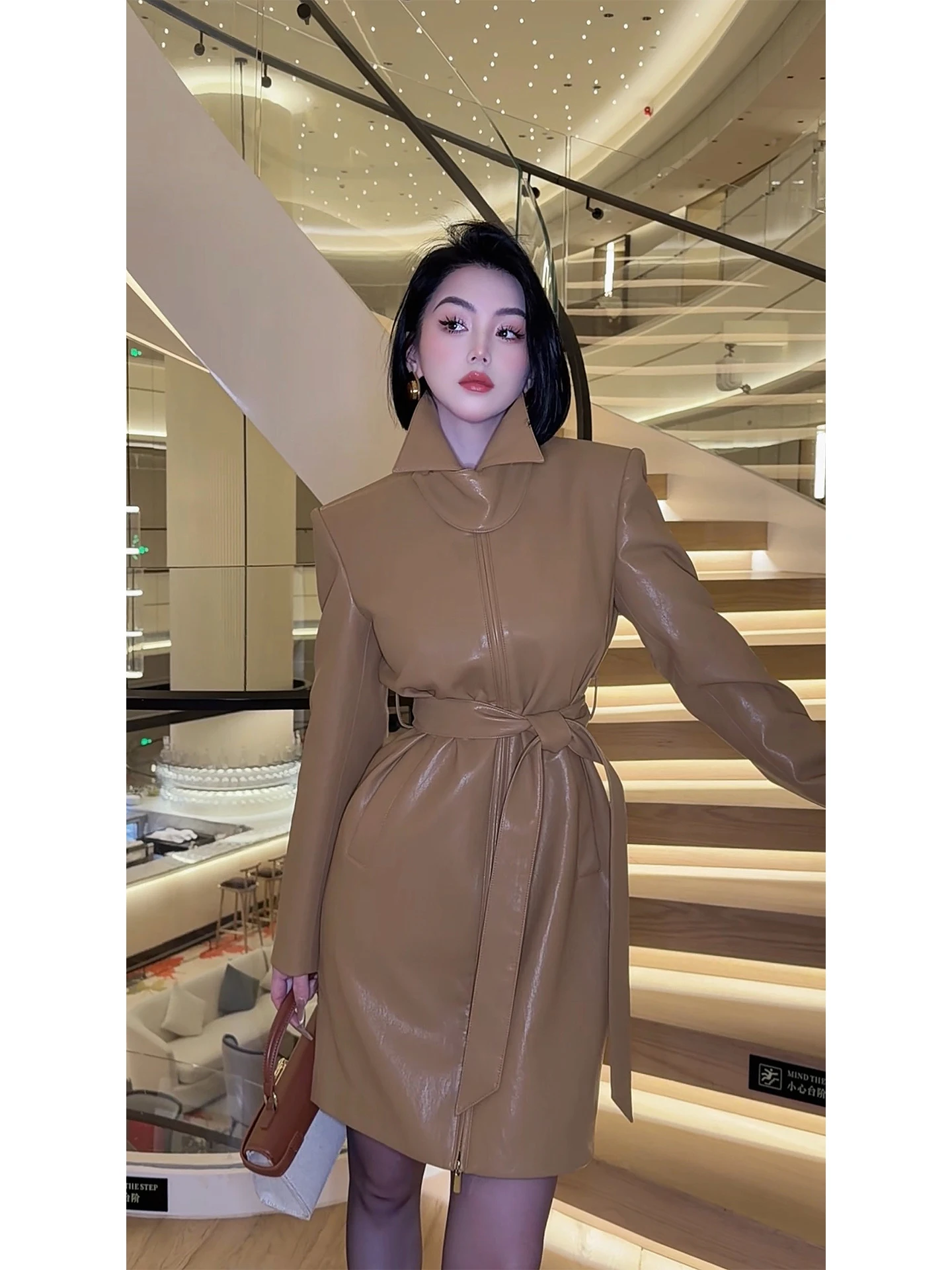 

Wildsiren Women's Leather Jacket Mid-Length Belted Style Retro Fashion Spring New Arrival PU Material Bright Surface