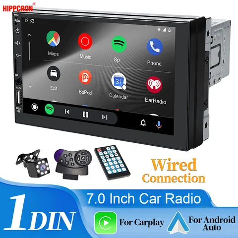 Hippcron Lettore Multimediale per Auto 1 Din con Schermo Touch HD da 7", CarPlay, Android Auto, FM, Ingresso AUX, Bluetooth, MirrorLink Universale