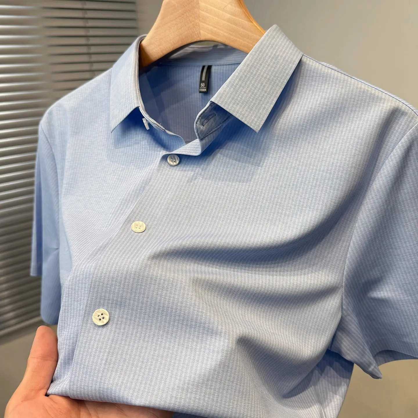 Premium Ice Silk Men's Shirt Casual Short Sleeve Striped Business Commute Style Comfortable Cool Feeling Summer New Arrival