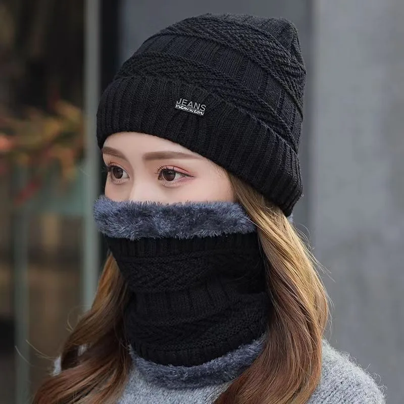 Biking Outdoor Hat Winter Korean Fashion Plus Cashmere Wool Hat Women's Warm Ear Protection Scarf Two-piece Set