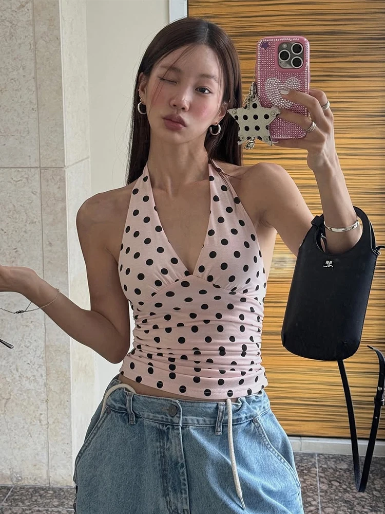 Nibber Halter v-Neck Vest Women Lace-Up Backless Polka Dot Print Sleeveless Skinny Summer Fashion Daily Street Versatile Tops