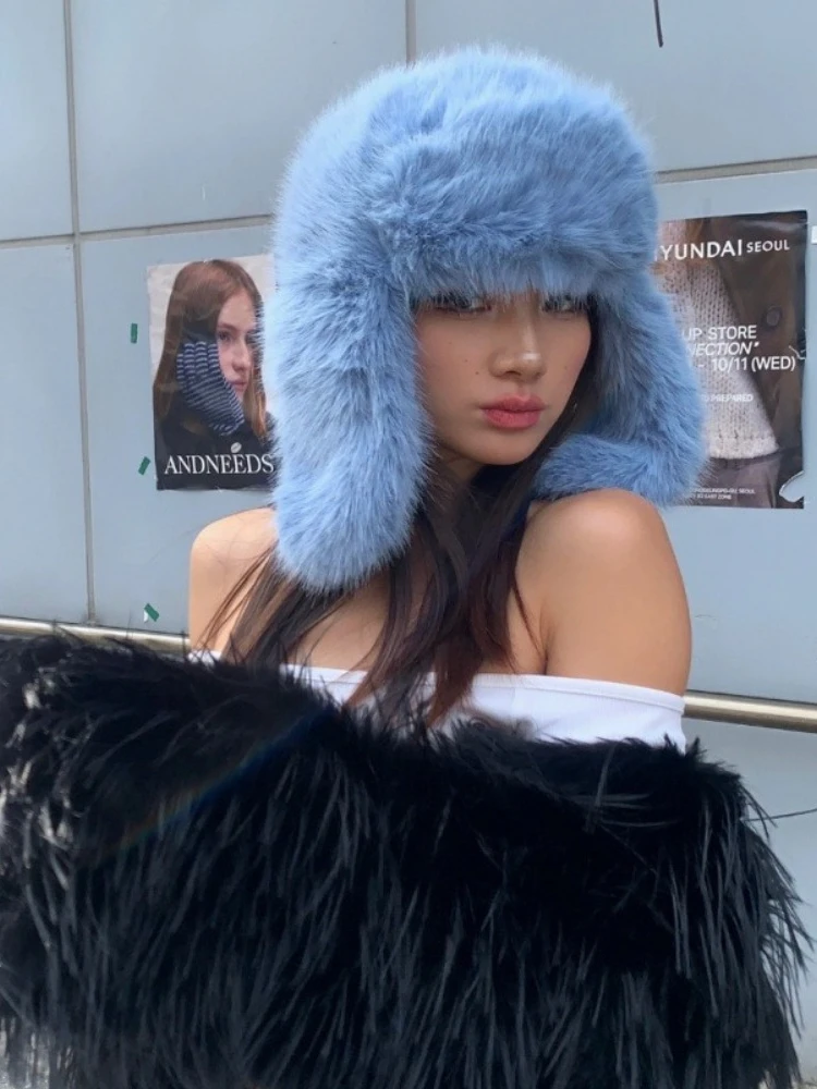 AliExpress NONE Fluffy Imitation Mink Fur Bomber Hats Men's Autumn and Winter Korean Version Plush Pilot Hat Female Ins Blogger Cycling Cold Hat