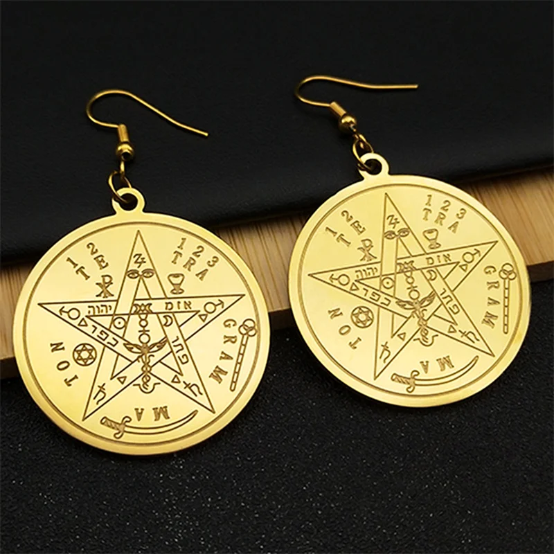 Witchcraft Gothic Gold Color Pentagram Hoop Earrings for Women Stainless Steel Original Tetragrammaton Solomon Amulet Jewelry view 4