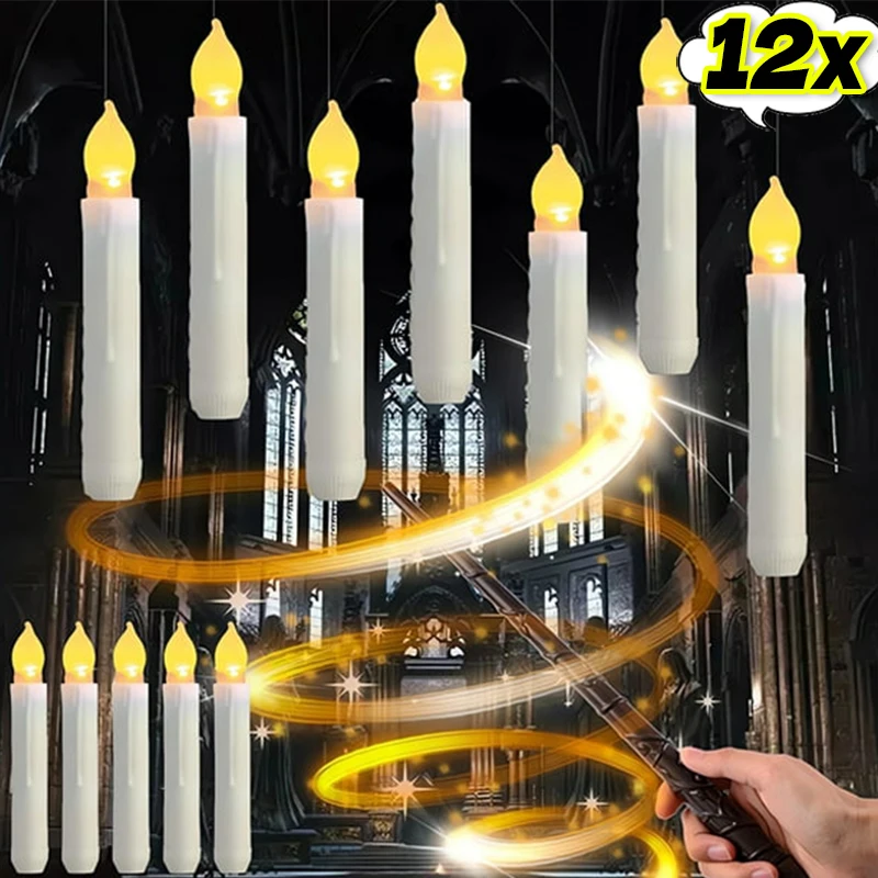 12Pcs Hanging Floating Candles with Magic Wand Remote Flameless Battery Operated Warm Light Halloween Christmas Birthday Decor