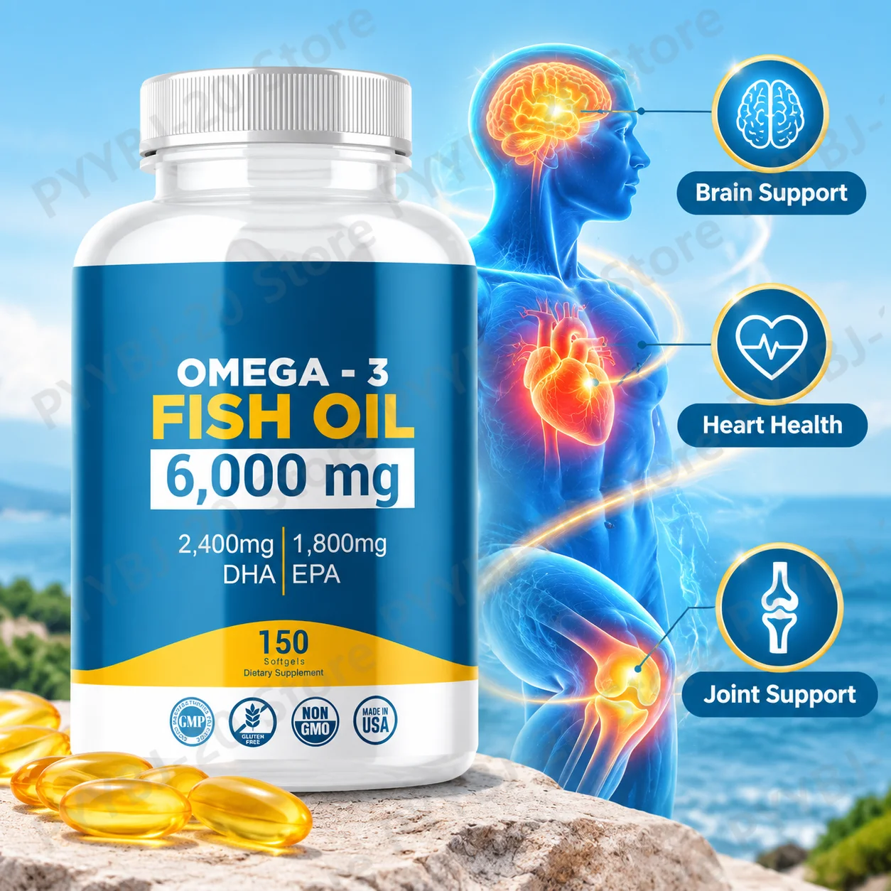 Omega-3 Fish Oil Softgels 6000mg Heart Health Brain Health Joint Support with DHA EPA High Strength Formula Non GMO 150ct