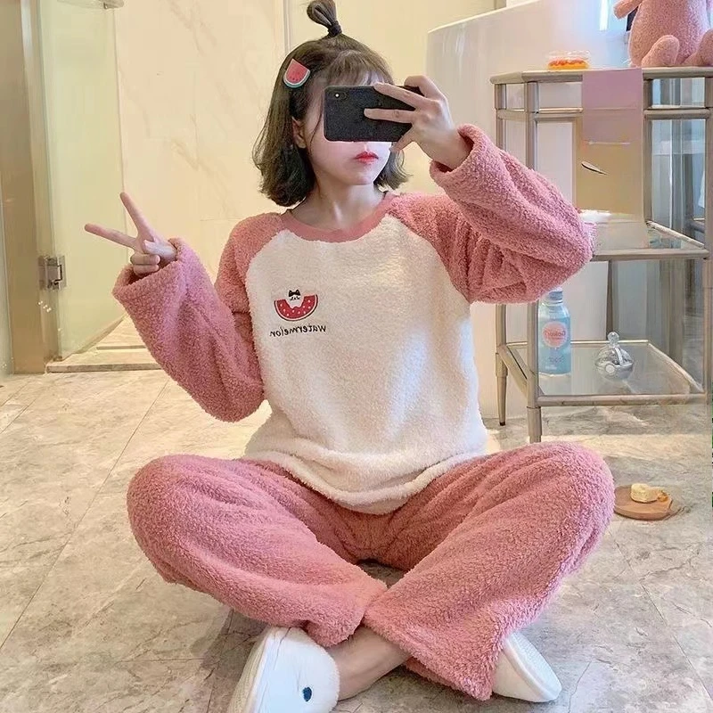 

Autumn Winter Warm Flannel Women Pyjamas Sets Thicken Coral Velvet Long Sleeve Cartoon Sleepwear Flannel Pajamas Set youth Girl