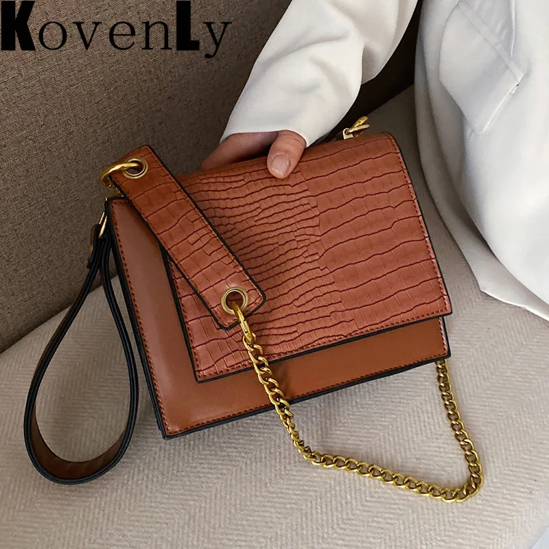 

Leather Handbags For Women Flap Square Metal Chain Crossbody Shoulder Bag Ladys Classic Stone Pattern Brand Bag 2023 New Design